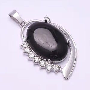 Black Obsidian Natural Stone Pendant Vintage Oval Shape with Sparkling Stones